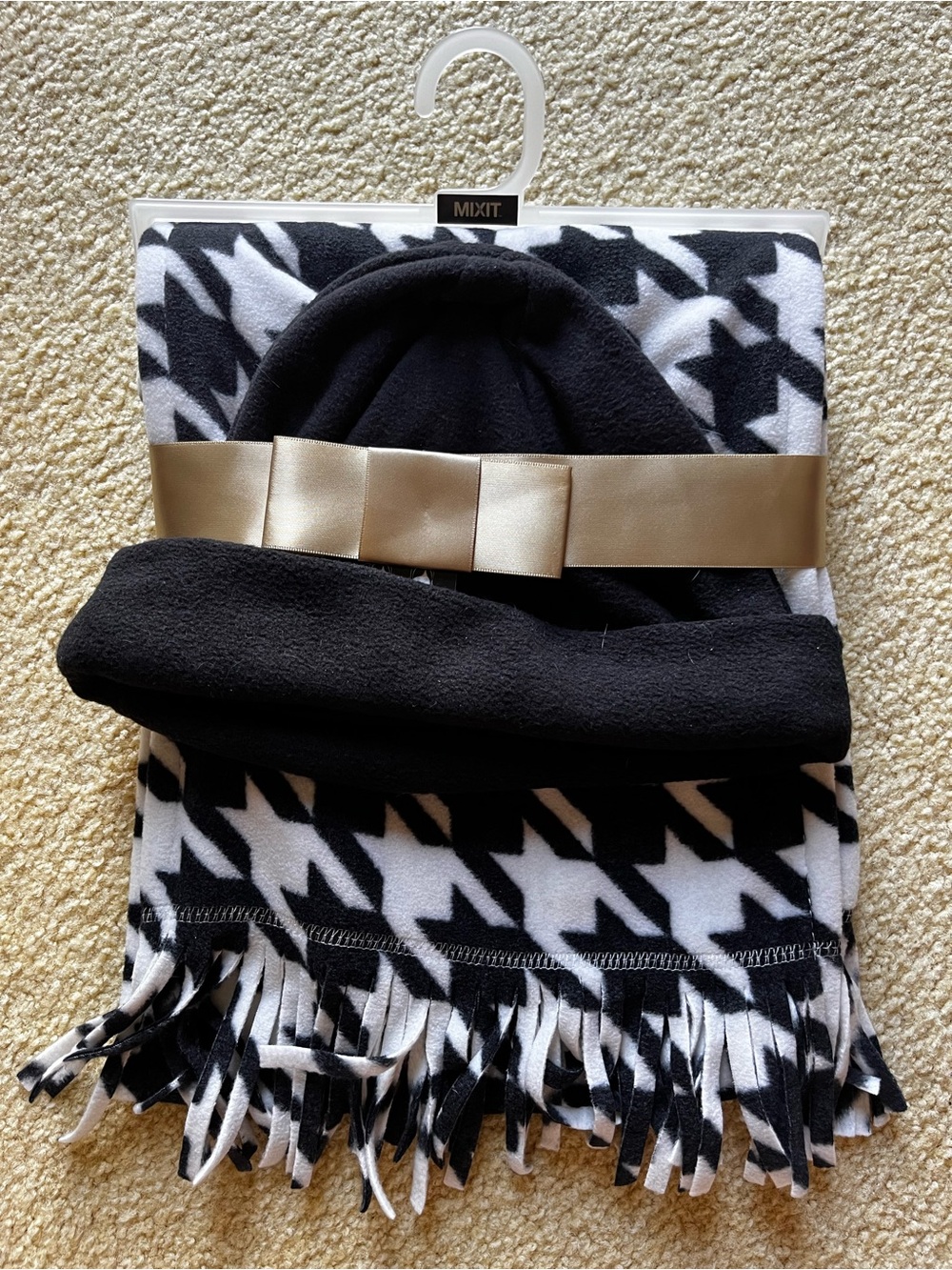 Mixit Black Beanie and Black & White Houndstooth Scarf Set